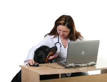 Veterinarian with Rottweiler and laptop computer